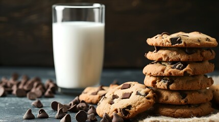 Mountain of cookies with chocolate chips and a glass of milk.