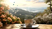 Cup Of Coffee On A Floral Table, Butterflies Fluttering. With A Mountain View, Seamless Looping Time-lapse 4k Animation Video Background Generated AI