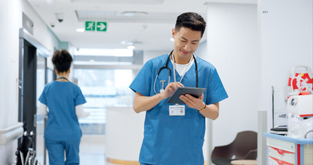 Aufkleber - Walking, tablet or doctor in hospital with research on social media to search for medicine info online. Asian man reading, smile or medical healthcare nurse browsing on technology for telehealth news