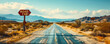 Vintage ROAD TRIP sign points towards a journey on an endless straight highway under a vast sky, invoking the spirit of adventure and the open road