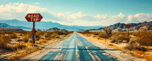 Vintage ROAD TRIP Sign Points Towards A Journey On An Endless Straight Highway Under A Vast Sky, Invoking The Spirit Of Adventure And The Open Road