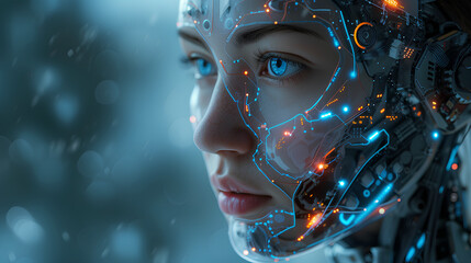 Fototapete - Half woman, half robot face