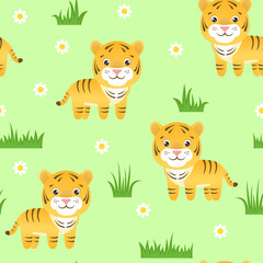 Wall Mural - Tiger baby seamless pattern. Cute cartoon tiger, green grass and flowers. Children's background. Simple vector illustration. Funny african animals.