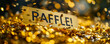 Golden raffle ticket with RAFFLE! text, symbolizing chance, competition, and luck in a prize draw or lottery event with a unique serial number