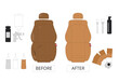 Leather car seats restoration before and after. Collection of isolated auto service tools. Repair cleaning painting interior automobile. Vector illustration in flat