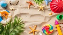 Flat Lay Of Beach Toy Kit On Sand, Space For Text. Outdoor Play