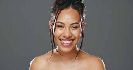 Poster - Face, skincare and beauty of happy woman in studio isolated on a gray background mockup space. Portrait, natural and model in spa facial treatment for aesthetic, glow and cosmetic wellness for health