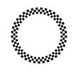 © Elena Pimukova - Checkered circle frame. Circle frame with checkerboard geometric pattern. Round chess border with black and white square pattern. Round race frame. Vector illustration on white background.
