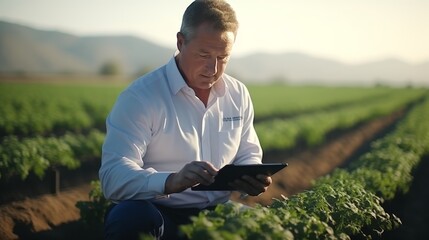 Utilization of cutting-edge technology in agribusiness. farmer using laptop in field