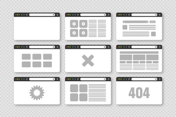 Fototapete - Web browser window, pages layout with toolbar and search field. Modern website, internet page in flat style. Browser mockup for computer, tablet and smartphone. Adaptive UI. Vector illustration