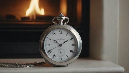 A silver, antique pocket watch on a mantelpiece