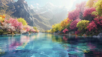 Wall Mural - Peaceful landscape, river with crystal clear water runs between the mountain, colorful trees on the bank, spring celebration, Landscape concept, generative ai.