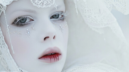 Wall Mural - High fashion girl with white makeup. Red lips. Snow-white skin.