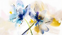 A Painting Of Two Flowers With A White Background And A Blue And Yellow Flower. 
