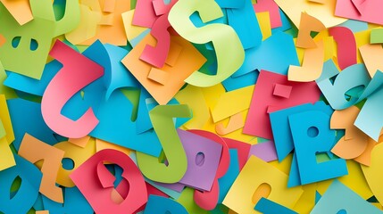 A pile of colorful paper notes with numbers and punctuation marks. Colorful numbers background. Top view with space for copy text.