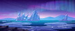 North pole landscape with aurora borealis. Vector cartoon illustration of winter seascape with ice pieces floating on cold water surface, snowy mountains on horizon, northern lights in starry sky