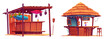 Beach tiki bar with surfboard. Cartoon vector illustration set of summer sea sand shore cafe with cocktails and fruits. Hawaiian tropical wooden and bamboo shack with thatch or straw roof.
