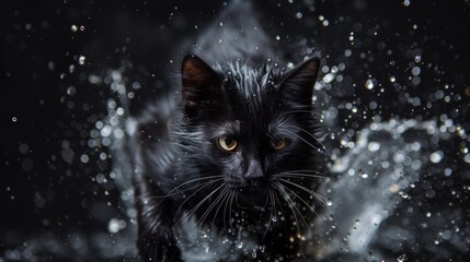 Wall Mural - black cat in dramatic water movement