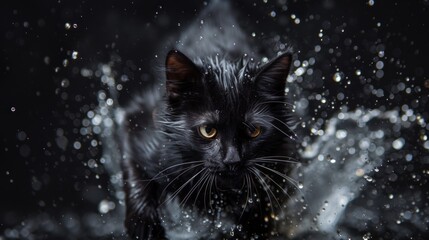 Poster - black cat in dramatic water movement