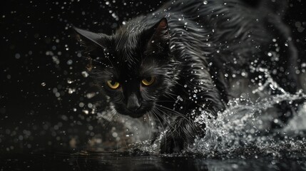 Wall Mural - black cat bounding through water