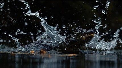 Wall Mural - Crocodile in mesmerizing scene with black background and water splash