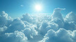 Stairs to heaven visualization Stone stairs going up to the cloudy sky visualization Bright light visible in clouds representing heaven, Generative AI