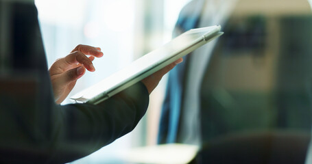 Poster - Closeup, hands or businesswoman with tablet or research for blog, post or networking in office. Digital agency, tech startup or social media manager typing online or planning for update in meeting