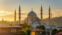 Golden Glow: Capturing The Majesty Of A Mosque At Sunset"istanbul, Turkey, Architecture, Minaret, Religion, Dome, 