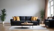 Black sofa in modern design living room, yellow cushions, coffee table 