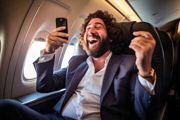 Sticker - A sleek businessman multitasking on his smartphone while aboard a private jet, showcasing the blend of productivity and luxury in modern business travel.