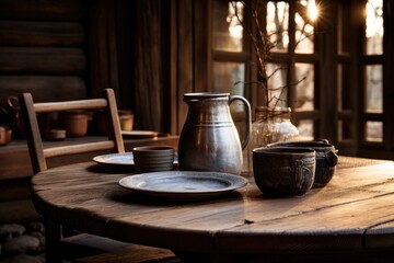 Poster - A table with a pitcher and plates sitting on it. Generative AI.