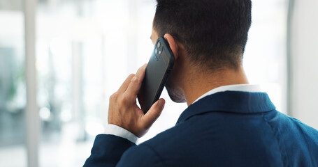 Poster - Startup, deal or back of businessman on a phone call talking, networking or speaking of ideas in office. Listening, mobile communication or male entrepreneur in conversation for a negotiation offer