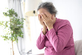Fototapeta  - Depressed asian senior woman with depression,anxiety,depressive , old elderly patient crying alone at home