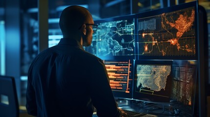 Aufkleber - A handsome male engineer looks at large digital screens. A concerned professional programmer thinks about solutions to the problem during a system failure.
