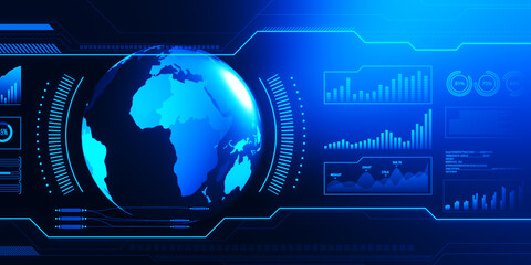 Aufkleber - Abstract holographic screen with digital globe interface and business chart on blurry blue backdrop. HUD, international stock and future monitor concept. 3D Rendering.