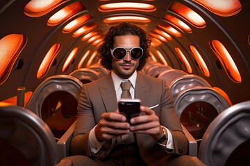 Sticker - businessman Using Smartphone on Airplane or in private jet