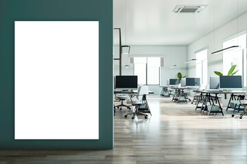 Poster - Modern concrete, glass and wooden coworking office interior with empty white mock up banner, furniture and equipment. No people. 3D Rendering.