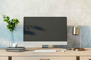 Poster - Contemporary designer desktop with empty computer monitor, lamp, supplies and other items. Concrete wall background. Mock up, 3D Rendering.