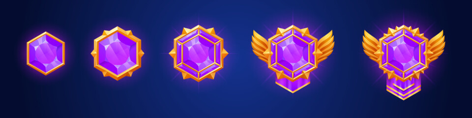Poster - Process of golden badge with purple diamond evolution for game level rank ui design. Cartoon vector illustration set of progress steps growing of jewelry emblem reward or achievement insignia.