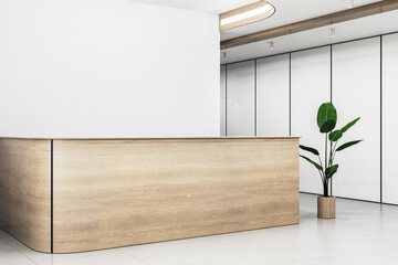 Aufkleber - Contemporary office lobby interior with wooden reception desk and mock up place on concrete wall. 3D Rendering.