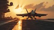 Fighter jet prepares for takeoff on aircraft carrier deck against sunset backdrop.