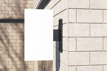 Poster - Empty white rectangular mock up stopper on beige outdoor tile wall background with shadows. Advertisement and pub concept. 3D Rendering.