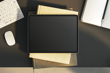 Poster - Top view of empty tablet on black office desk with supplies and equipment. Mock up, 3D Rendering.