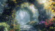 Enchanted garden pathway with blooming flowers and lush greenery. Fantasy and nature background.