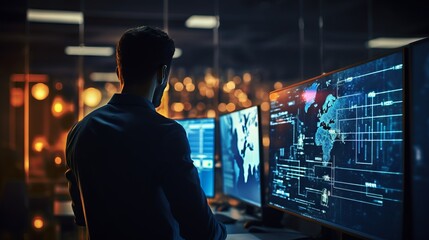 Aufkleber - A technical engineer, IT specialist working with multiple computer displays. A concerned professional programmer thinks about solutions to the problem in the System Control Center.