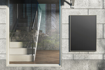 Canvas Print - Modern daylit glass storefront in concrete building with empty black mock up banner . 3D Rendering.