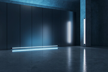 Wall Mural - Sleek dark room illuminated by neon pink light, embodying modern design. 3D Rendering