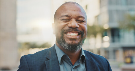 Sticker - Face, business and laughing black man in city outdoor in the morning on lens flare. Portrait, happy and professional lawyer in town, attorney and funny employee working in South Africa for career