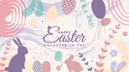 Wall Mural - Easter Celebrations Banner: Contemporary Easter design, hand-painted strokes and dots, alongside Easter eggs and bunny ears. Embraces a modern minimalistic style, suitable for horizontal posters.