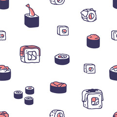 Poster - Japan sushi, seamless pattern. Japanese Asian food, endless background. Maki rolls, repeating print, texture design for packing, wrapping, package. Printable restaurant flat vector illustration